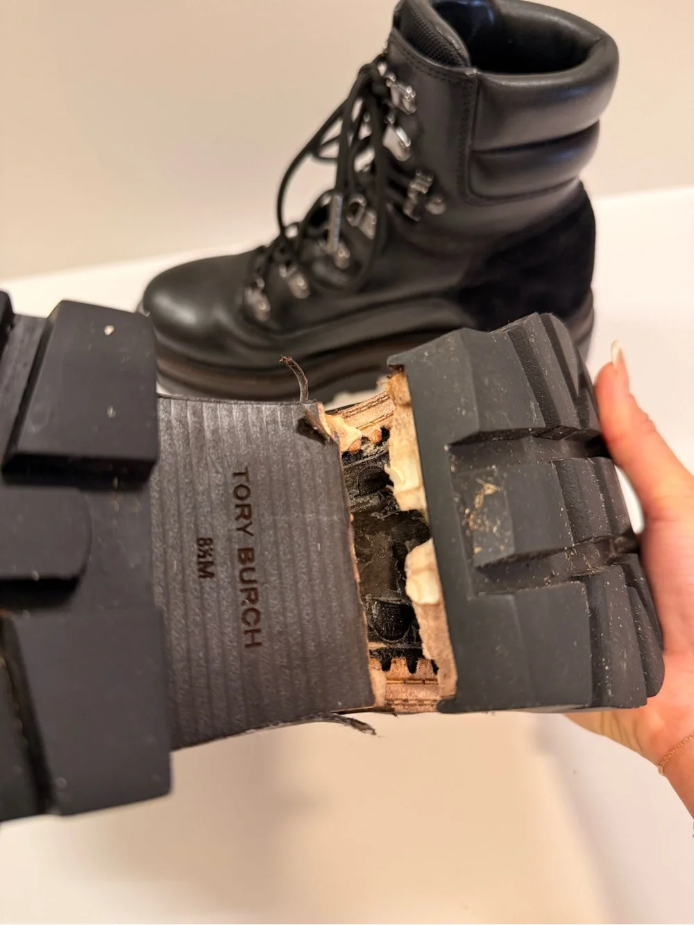 Tory Burch Miller Lug Hiker Boots Black Leather Combat Boots 8.5 Needs REPAIR